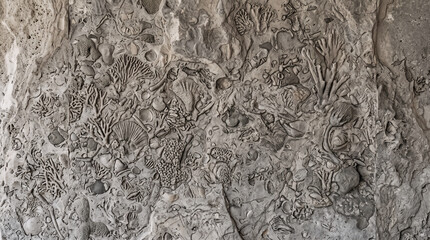 Natural fossil stone texture background. Ancient marine life fossils embedded in grey rock. © MuhamadAndrew