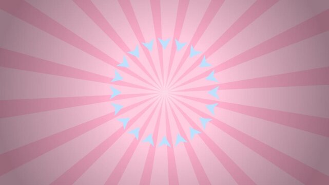 Rotating blue arrow circle on pink sunburst background