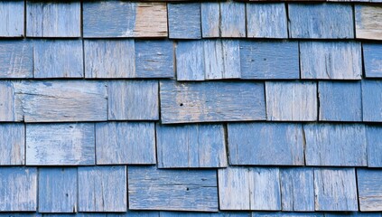 Fototapeta premium Weathered blue painted wooden shingles on a rustic building facade