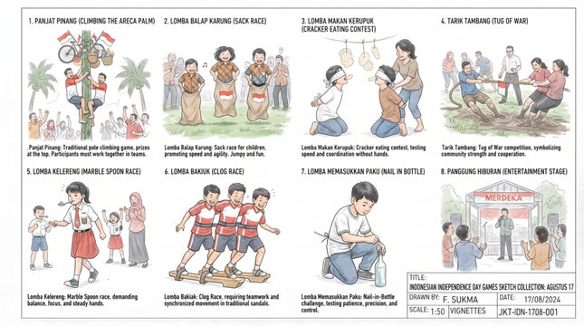 Indonesian Independence Day Games Sketch Collection on White Background Vector Illustration
