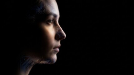 Fototapeta premium Artificial Intelligence Concept Woman Profile with Digital Circuit Board Pattern Overlay on Black Background