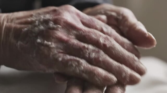 Close up of wrinkled elderly hands rubbing together