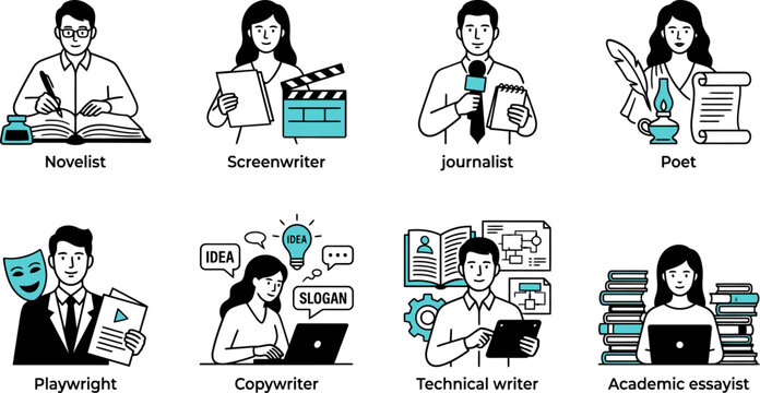 Professional writing career icons set, flat line avatars of novelist screenwriter journalist and poet, creative author and copywriter vector illustrations
