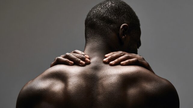 Back view of a muscular man with hands resting on shoulders