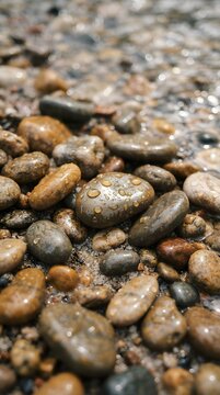 Close-up shot of smooth wet river pebbles with glowing water and soft bokeh background.