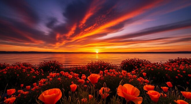 Sunset over water and flowers