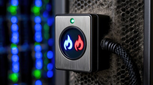 Metal button with red and blue flame icons glowing green indicator light