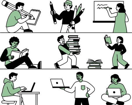 Minimalist education character set, students studying with books and laptops vector, modern flat line art people learning and writing