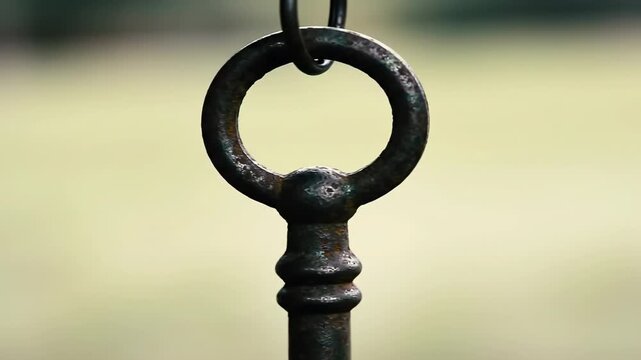 Old rusty metal key hanging from ring