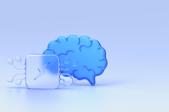 Glassmorphism artificial intelligence brain with circuit chip icon set featuring glossy blue finish on light background