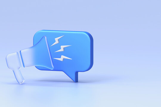 Glassmorphism megaphone with chat bubble announcement icon set featuring glossy blue finish on light background. Translucent marketing promotion design element suited