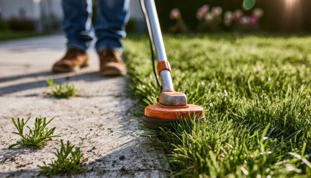 Person trimming grass with string trimmer on garden pathway