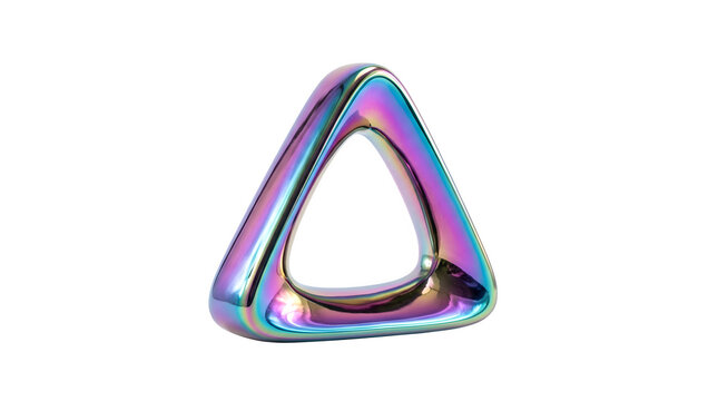 Iridescent metallic triangle, holographic geometric shape, abstract vibrant prism, futuristic design element, colorful reflective object isolated on Transparent Background