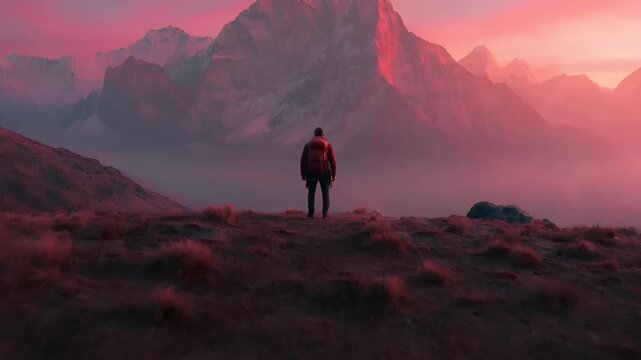 A vivid digital artwork depicts a solitary figure standing atop a rocky outcrop, gazing at a majestic mountain range bathed in a gradient of pink and purple hues. The figure wears a red jacket.