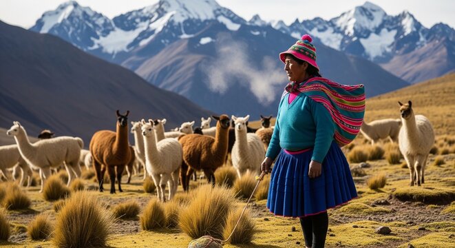 Indigenous woman herding llamas against breathtaking Andean mountain landscape