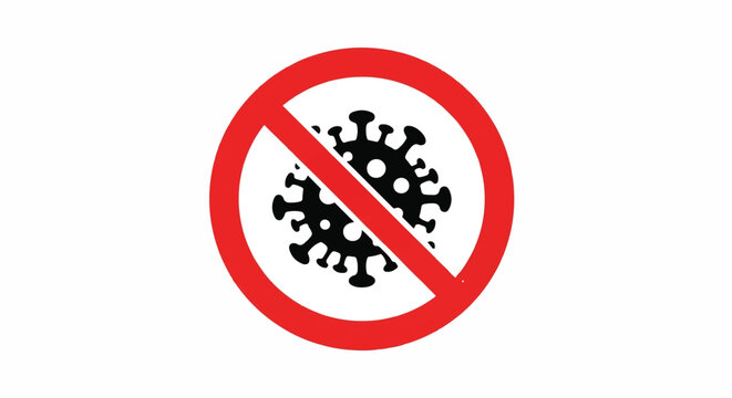 A bold red universal prohibition sign crossing out a simple black stylized virus pathogen. Symbolizing disease eradication. Minimalist flat vector artwork, clipart style, absolute solid block