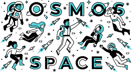 Cosmos space exploration vector illustration, flat line art astronauts and rockets in galaxy, teal and black cosmic adventure banner © 成 sнıηяα тєηsєı ツ