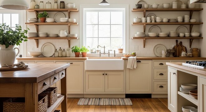 Modern farmhouse kitchen with open shelving showcasing minimalist decor and warm wooden accents