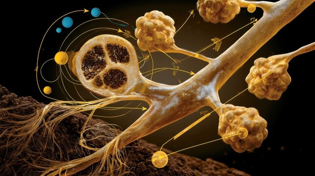 Scientific cross-section diagram of legume root nodule showing bacterial infection zones and root system structure
