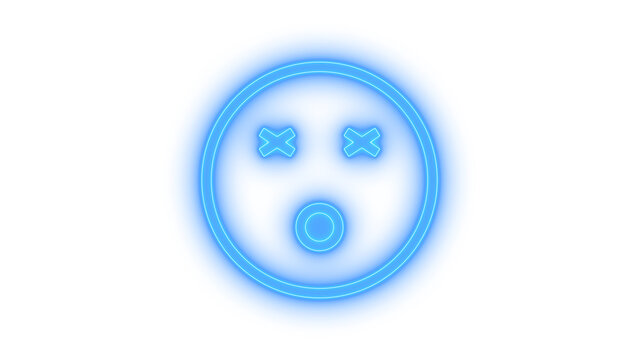 Colorful neon dead emoticon face icon with crossed eyes and open mouth representing shock or dizziness isolated on transparent background for creative graphic design.