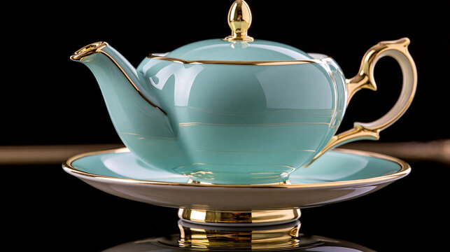 Turquoise porcelain teapot and saucer with gold trim porcelain turquoise kitchenware beverage