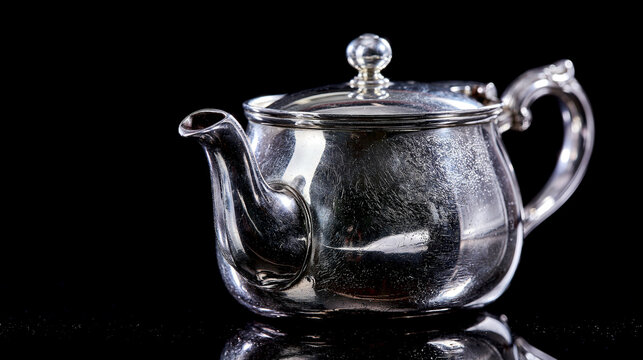 Elegant silver teapot on reflective black background with kitchenware beverage reflection