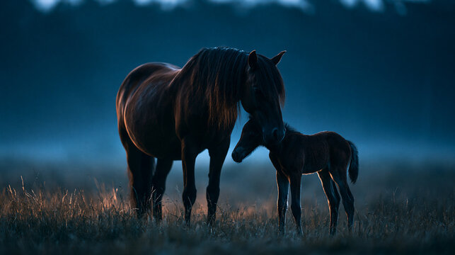 Mother horse and her small foal standing together in dark field with countryside, darkness