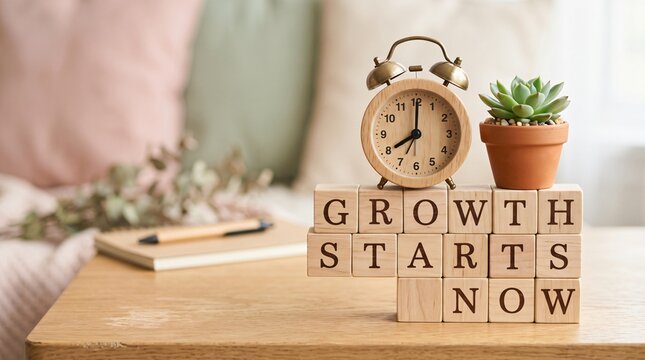 Growth starts now text on wooden blocks, motivational business concept with alarm clock and plant, personal development and time management