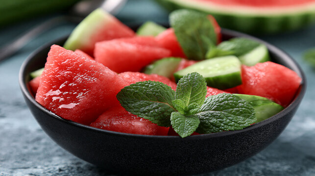 Healthy watermelon and cucumber salad garnished with fresh mint leaves watermelon cucumber