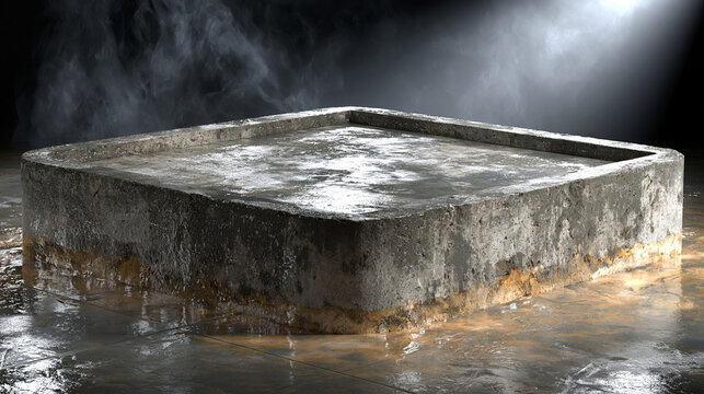 Concrete rectangular basin filled with dark liquid illuminated by a dramatic spotlight