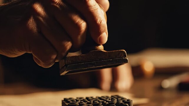 Hand pressing wooden stamp on paper