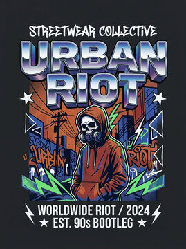 Urban Riot Streetwear Illustration with Skull Gas Mask and Graffiti