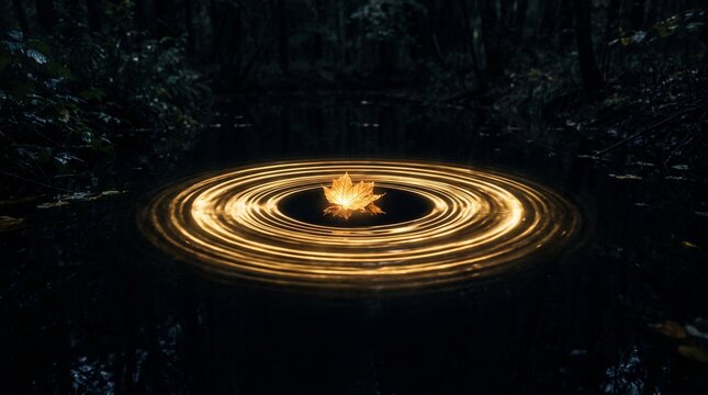 A glowing golden leaf touches a dark pond creating brilliant ripples of light, symbolizing Random Acts of Kindness Day and the ripple effect.
