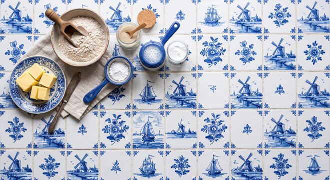 Cinematic flat lay of Dutch Poffertjes mini pancakes ingredients on Delft blue tile