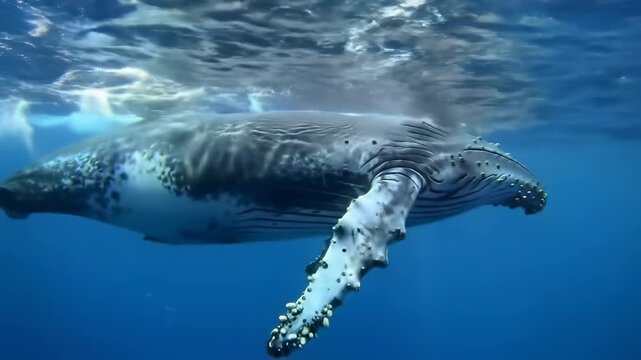 Humpback whale swimming in deep blue ocean