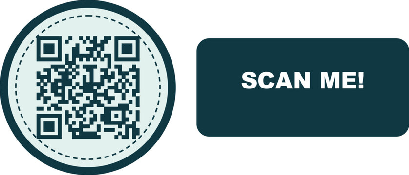 QR code scanner icon with scan me button, digital barcode template for mobile payment, dark teal vector graphic for retail marketing