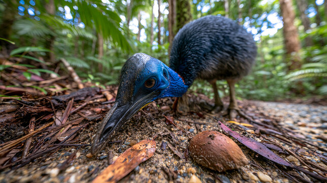 Southern cassowary bird foraging in tropical rainforest habitat with nature photography, wildlife
