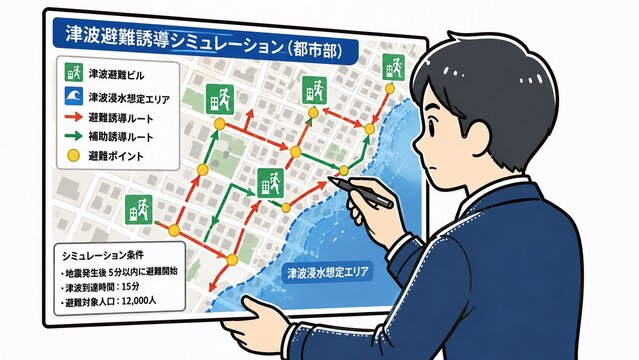 都市部における津波避難誘導シミュレーションの地図を説明する男性