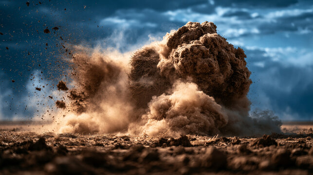 Powerful and cloud of soil particles on ground with destruction catastrophe