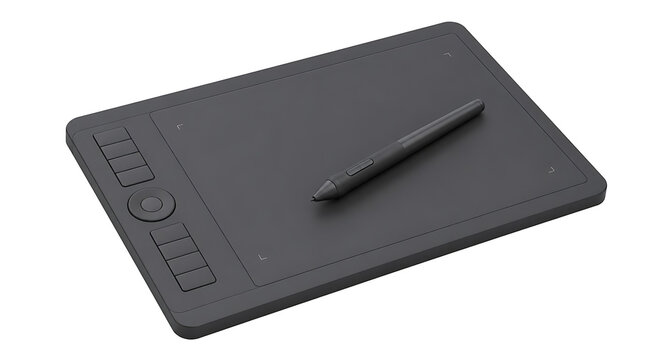 Modern graphics tablet with stylus pen on display.