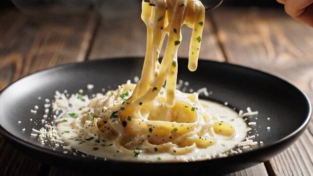 Close-up of creamy pasta being twirled on a fork from a black plate.