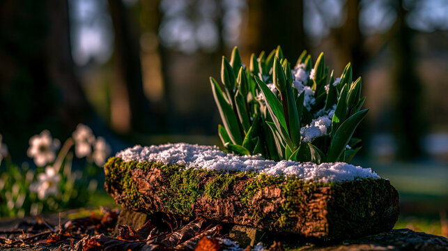 Group of green sprouts behind a mossy log covered in a light dusting of snow with seasonal
