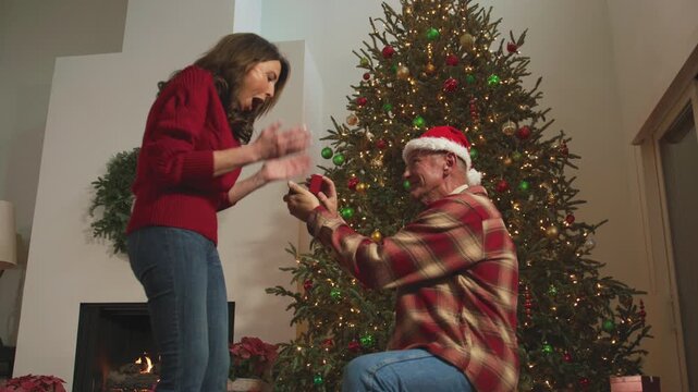 A man kneels to propose marriage to a woman in front of a Christmas tree and fireplace.