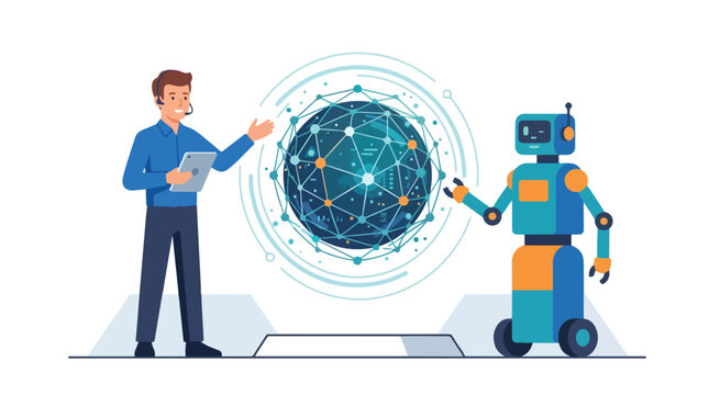 This illustration depicts a man and a robot interacting with a glowing digital globe, highlighting the fusion of human skill and AI technology.
