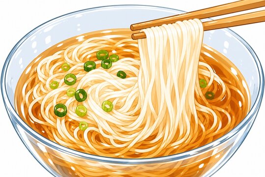 湯気が立つ透明な器に入った温かい麺料理、箸で持ち上げられた麺と青ネギが食欲をそそるイラスト