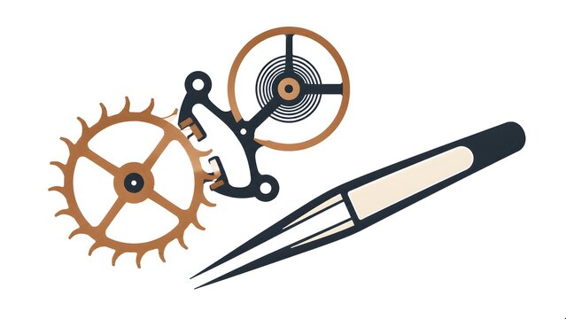 Precision Watchmaking Tools with Mechanical Escapement Gear Wheel and Fine Tweezers Minimalist Flat Vector Illustration Isolated on White Background