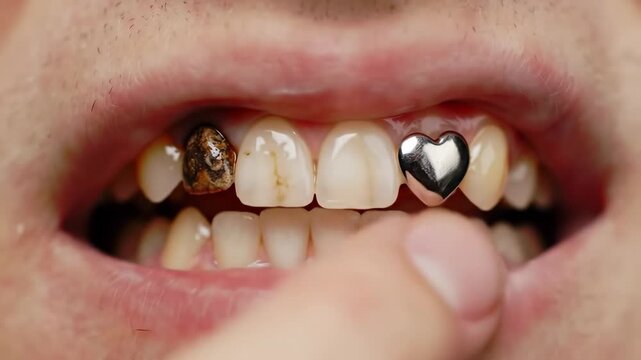 Man showing heart shaped silver tooth grill