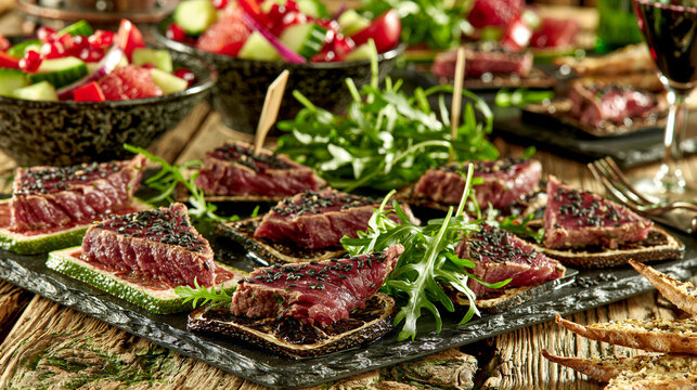 Gourmet seared tuna steak appetizers served on dark slate stone board with fresh green arugula