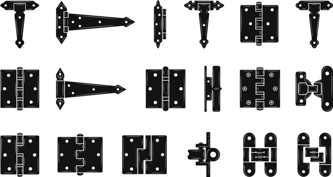 Door Hinge and Gate Hardware Icon Set with Heavy Duty Strap Hinges Butt Hinges Tee Joints and Cabinet Fixings for Construction Hardware Store Layouts