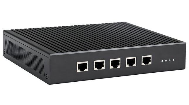 Black network switch with multiple ethernet ports.